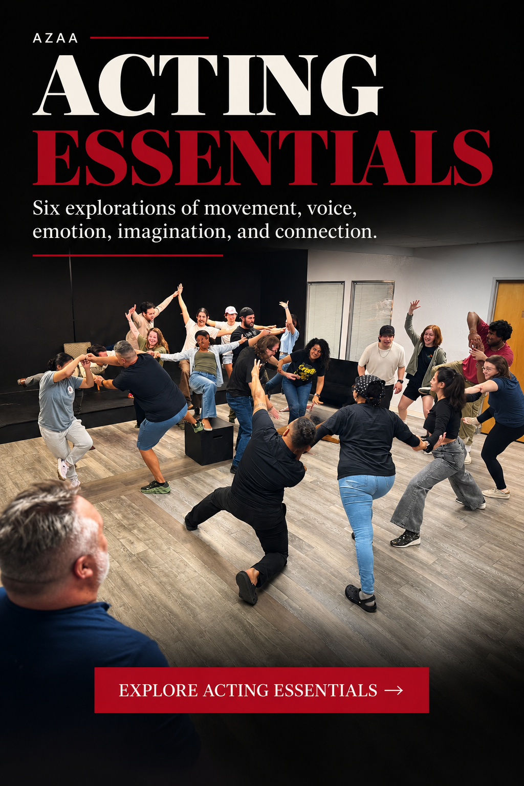 Arizona Actors Academy Acting Essentials students exploring movement and ensemble connection during a Laban workshop.