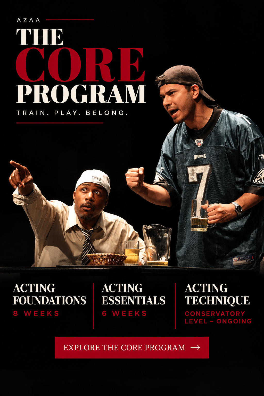 Arizona Actors Academy Core Program: two actors performing a dynamic scene. Training includes Acting Foundations, Acting Essentials, and Acting Technique.